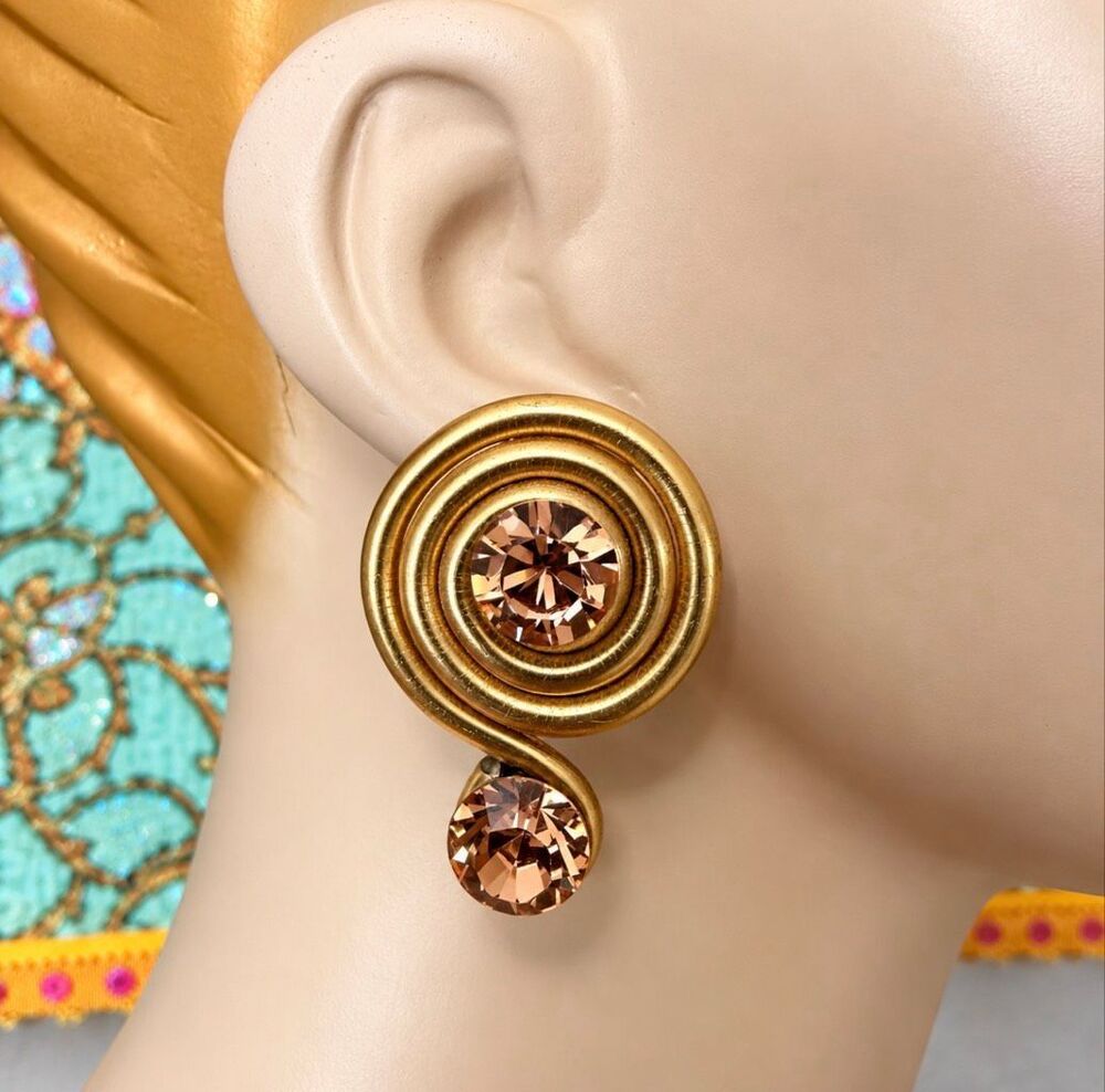 Vintage Jeff Lieb Gold Tone Champagne Crystal Spiral Clip-On Earrings